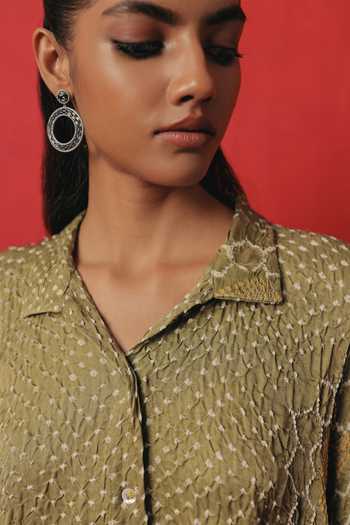 Shop_Twenty Nine_Olive Green Silk Button-down Neck Oversize Long Bandhani Shirt 