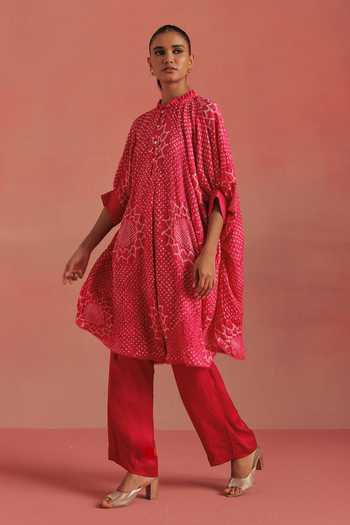 Twenty Nine_Pink Silk High Neck Oversized Bandhani Shirt _Online_at_Aza_Fashions