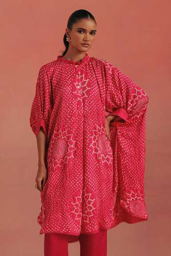 Buy_Twenty Nine_Pink Silk High Neck Oversized Bandhani Shirt _at_Aza_Fashions