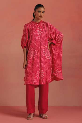Shop_Twenty Nine_Pink Silk High Neck Oversized Bandhani Shirt _Online_at_Aza_Fashions