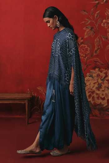 Twenty Nine_Blue Silk Round Neck Long Bandhani Cape Top _Online_at_Aza_Fashions