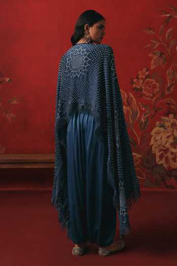 Shop_Twenty Nine_Blue Silk Round Neck Long Bandhani Cape Top _at_Aza_Fashions