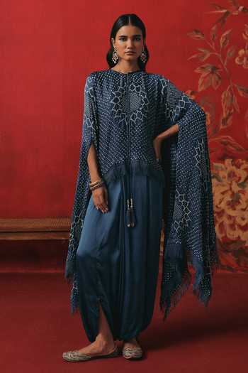 Buy_Twenty Nine_Blue Silk Round Neck Long Bandhani Cape Top _at_Aza_Fashions