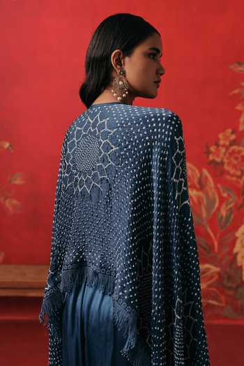 Buy_Twenty Nine_Blue Silk Round Neck Long Bandhani Cape Top _Online_at_Aza_Fashions