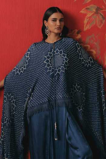 Shop_Twenty Nine_Blue Silk Round Neck Long Bandhani Cape Top _Online_at_Aza_Fashions
