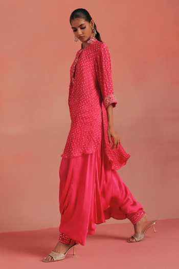 Twenty Nine_Pink Silk Mandarin Collar Bandhani Short Tunic _Online_at_Aza_Fashions
