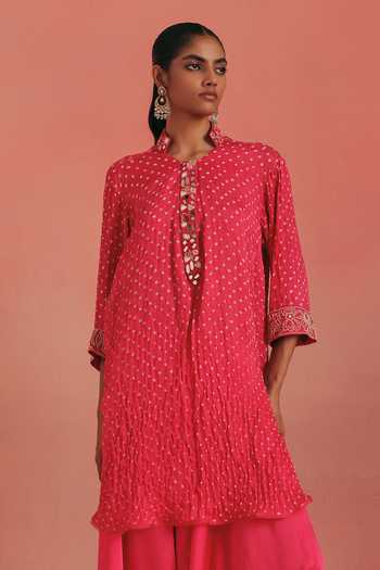 Buy_Twenty Nine_Pink Silk Mandarin Collar Bandhani Short Tunic _Online_at_Aza_Fashions