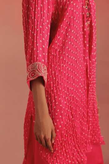 Shop_Twenty Nine_Pink Silk Mandarin Collar Bandhani Short Tunic _Online_at_Aza_Fashions