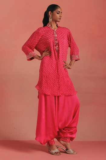 Twenty Nine_Pink Silk Mandarin Collar Bandhani Short Tunic _at_Aza_Fashions