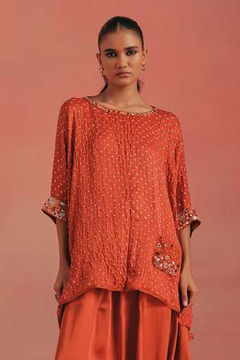 Twenty Nine_Orange Silk Round Neck Placed Embroidered Bandhani Tunic _Online_at_Aza_Fashions