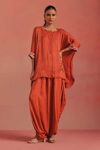 Buy_Twenty Nine_Orange Silk Round Neck Placed Embroidered Bandhani Tunic _Online_at_Aza_Fashions