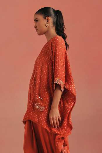 Shop_Twenty Nine_Orange Silk Round Neck Placed Embroidered Bandhani Tunic _Online_at_Aza_Fashions