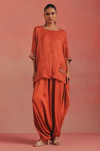 Twenty Nine_Orange Silk Round Neck Placed Embroidered Bandhani Tunic _at_Aza_Fashions