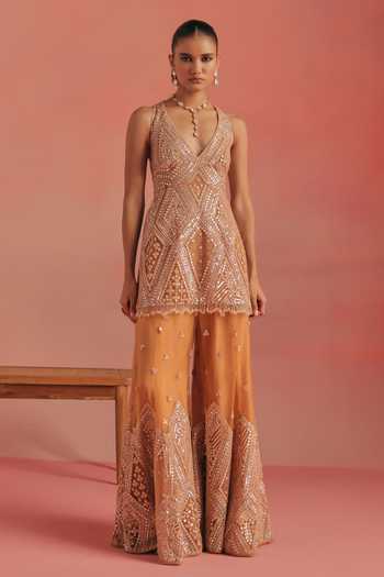 Twenty Nine_Orange Net Plunge Neck Embroidered Backless Peplum Tunic _Online_at_Aza_Fashions