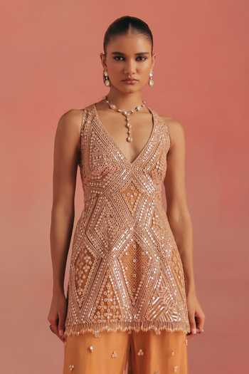 Buy_Twenty Nine_Orange Net Plunge Neck Embroidered Backless Peplum Tunic _Online_at_Aza_Fashions