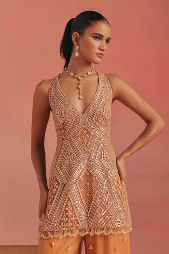 Shop_Twenty Nine_Orange Net Plunge Neck Embroidered Backless Peplum Tunic _Online_at_Aza_Fashions