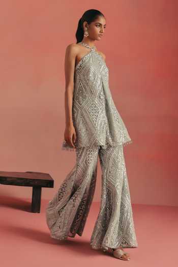 Twenty Nine_Blue Net Halter Neck Embroidered Short Tunic _Online_at_Aza_Fashions