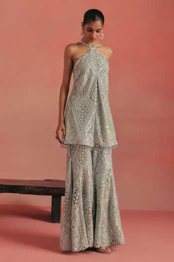 Shop_Twenty Nine_Blue Net Halter Neck Embroidered Short Tunic _Online_at_Aza_Fashions