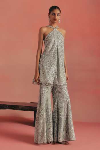 Twenty Nine_Blue Net Halter Neck Embroidered Short Tunic _at_Aza_Fashions