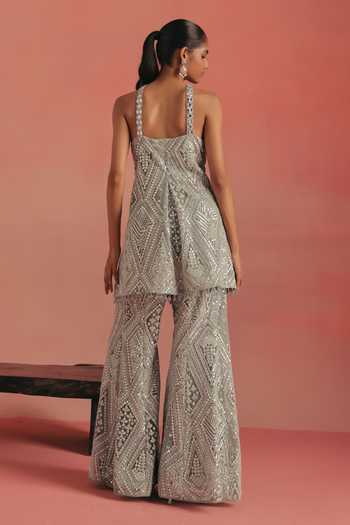 Shop_Twenty Nine_Blue Net Halter Neck Embroidered Short Tunic _at_Aza_Fashions