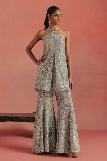 Buy_Twenty Nine_Blue Net Halter Neck Embroidered Short Tunic _at_Aza_Fashions