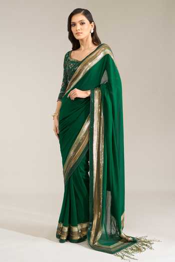 Nakul Sen_Emerald Green Silk, Chiffon Scoop Sequin Bordered Saree With Embroidered Blouse _Online