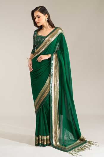 Buy_Nakul Sen_Emerald Green Silk, Chiffon Scoop Sequin Bordered Saree With Embroidered Blouse _Online