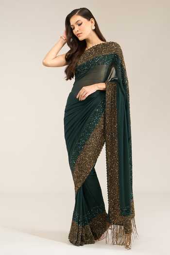 Nakul Sen_Green Silk, Chiffon Sequinned Saree With Unstitched Blouse Piece _Online