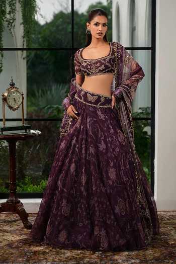 Buy_Mahima Mahajan_Purple Silk Organza Scoop Neck Zoa Floral Print And Embroidered Lehenga Set _at_Aza_Fashions