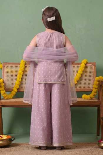 Shop_Petite Pomme_Purple Cotton, Net Woven Kurta Palazzo Set _at_Aza_Fashions