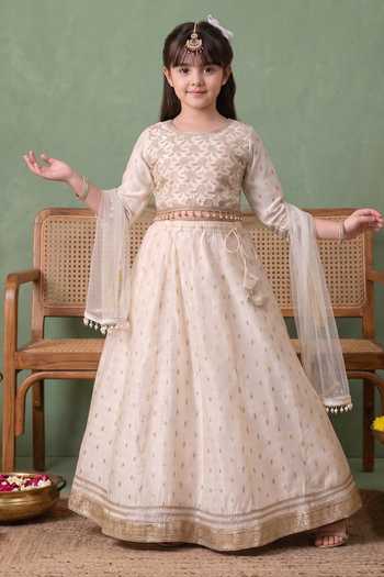 Buy_Petite Pomme_White Cotton, Net, Polyester Woven Lehenga Set _at_Aza_Fashions