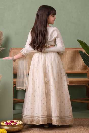Shop_Petite Pomme_White Cotton, Net, Polyester Woven Lehenga Set _at_Aza_Fashions