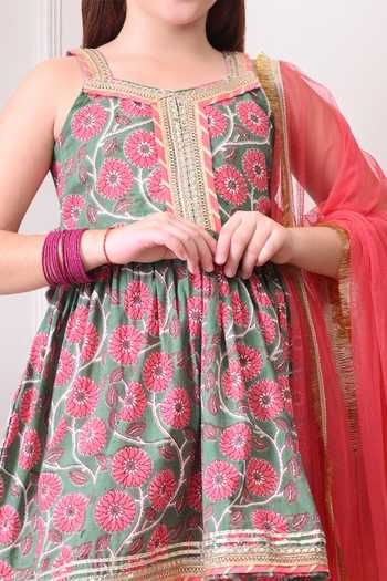 Petite Pomme_Green Cotton, Net Floral Print Kurta Set _Online_at_Aza_Fashions