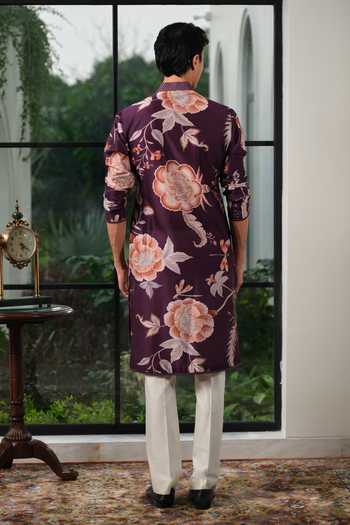 Shop_Mahima Mahajan_Purple Silk, Chanderi Azam Floral Motif Kurta Set _at_Aza_Fashions