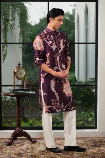 Buy_Mahima Mahajan_Purple Silk, Chanderi Azam Floral Motif Kurta Set 