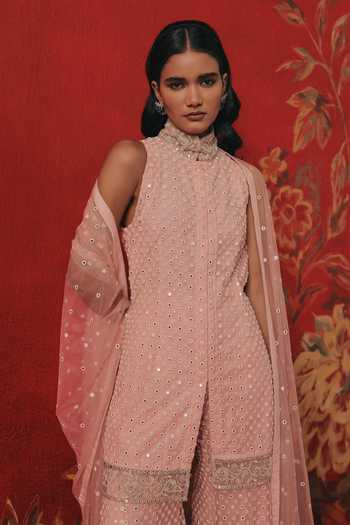 Buy_Twenty Nine_Pink Net High Neck Band Collar Sleeveless Short Tunic _at_Aza_Fashions