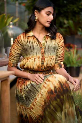 Dash And Dot_Multi Color Polyester Collared Neck Pleated Tie Dye Shirt And Skirt Set _Online_at_Aza_Fashions