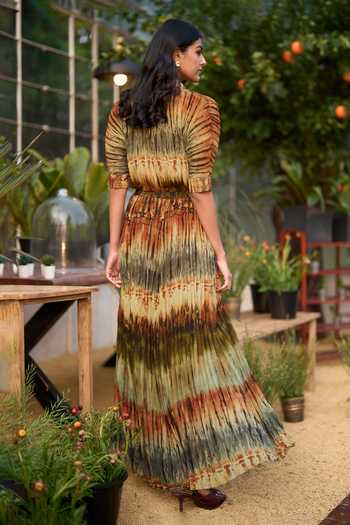 Shop_Dash And Dot_Multi Color Polyester Collared Neck Pleated Tie Dye Shirt And Skirt Set _at_Aza_Fashions