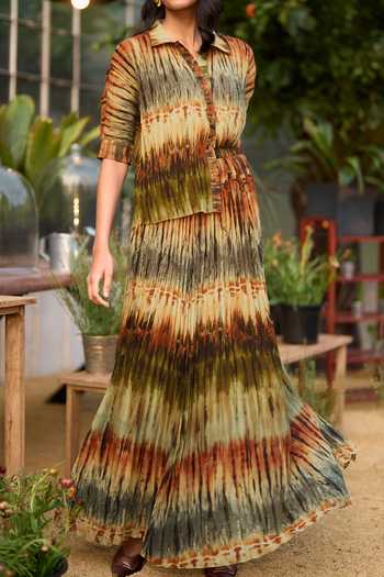 Shop_Dash And Dot_Multi Color Polyester Collared Neck Pleated Tie Dye Shirt And Skirt Set _Online_at_Aza_Fashions