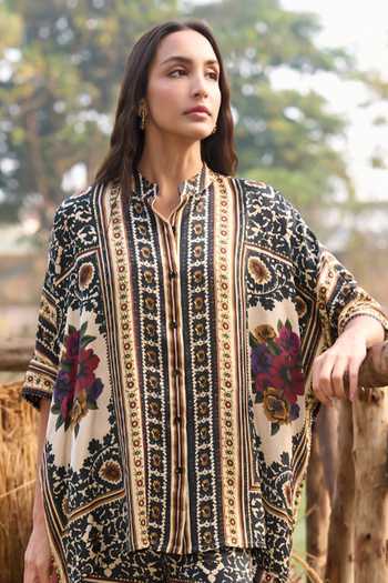 Buy_Dash And Dot_Multi Color Viscose Mandarin Collar Baroque Print Boxy Shirt And Pant Set _Online_at_Aza_Fashions