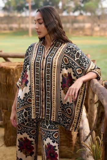 Shop_Dash And Dot_Multi Color Viscose Mandarin Collar Baroque Print Boxy Shirt And Pant Set _Online_at_Aza_Fashions