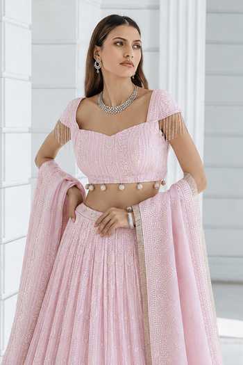 Monk & Mei By Sonia Anand_Pink Organza, Georgette Sweetheart Florence Chikankari Embroidered Lehenga Set _Online_at_Aza_Fashions