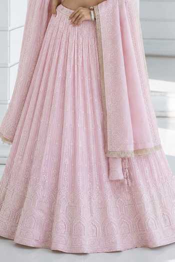 Buy_Monk & Mei By Sonia Anand_Pink Organza, Georgette Sweetheart Florence Chikankari Embroidered Lehenga Set _Online_at_Aza_Fashions