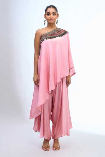 Prisho_Pink Bandeau Neck, One Shoulder Tunic And Draped Pant Set _Online