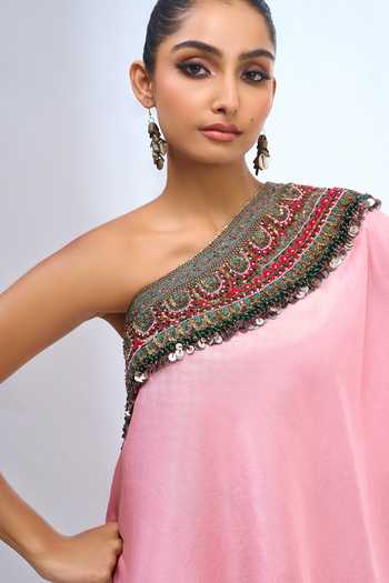 Buy_Prisho_Pink Bandeau Neck, One Shoulder Tunic And Draped Pant Set _Online