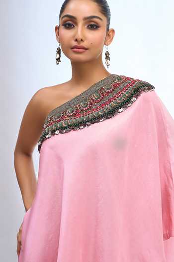 Shop_Prisho_Pink Bandeau Neck, One Shoulder Tunic And Draped Pant Set _Online