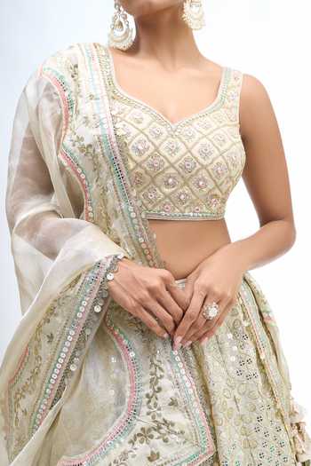 Buy_Gopi Vaid_Gold Leaf Neck Floral Embroidered Lehenga Set _Online
