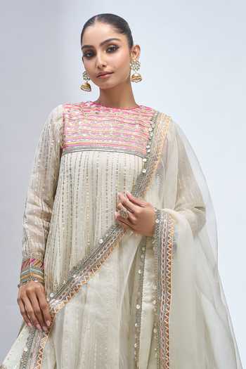 Gopi Vaid_Ivory Round Neck Embroidered Anarkali Sharara Set _Online