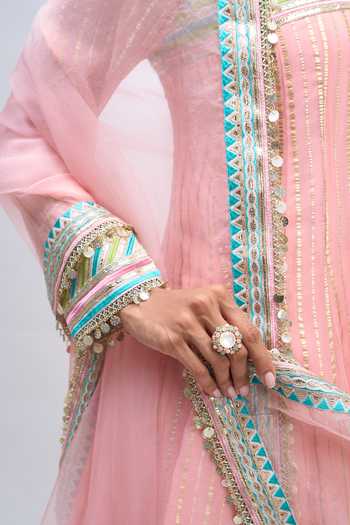 Gopi Vaid_Pink High Neck Embroidered Anarkali Sharara Set 