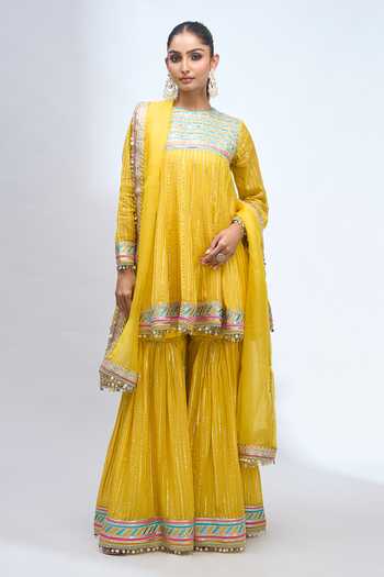 Gopi Vaid_Yellow Round Neck Embroidered Anarkali Sharara Set _Online